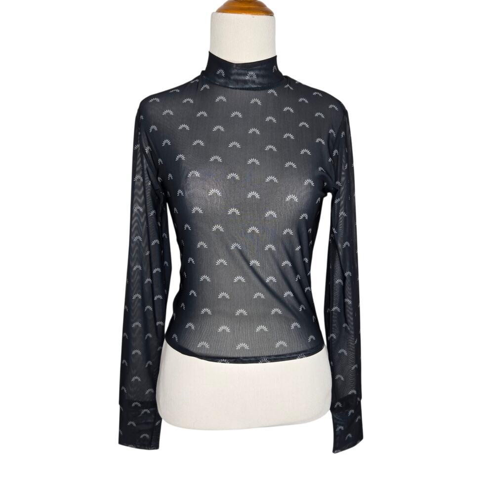 Sheer Whimsigoth Women Cropped Top Mesh Sun Print Cozi Fitted Grunge Medium